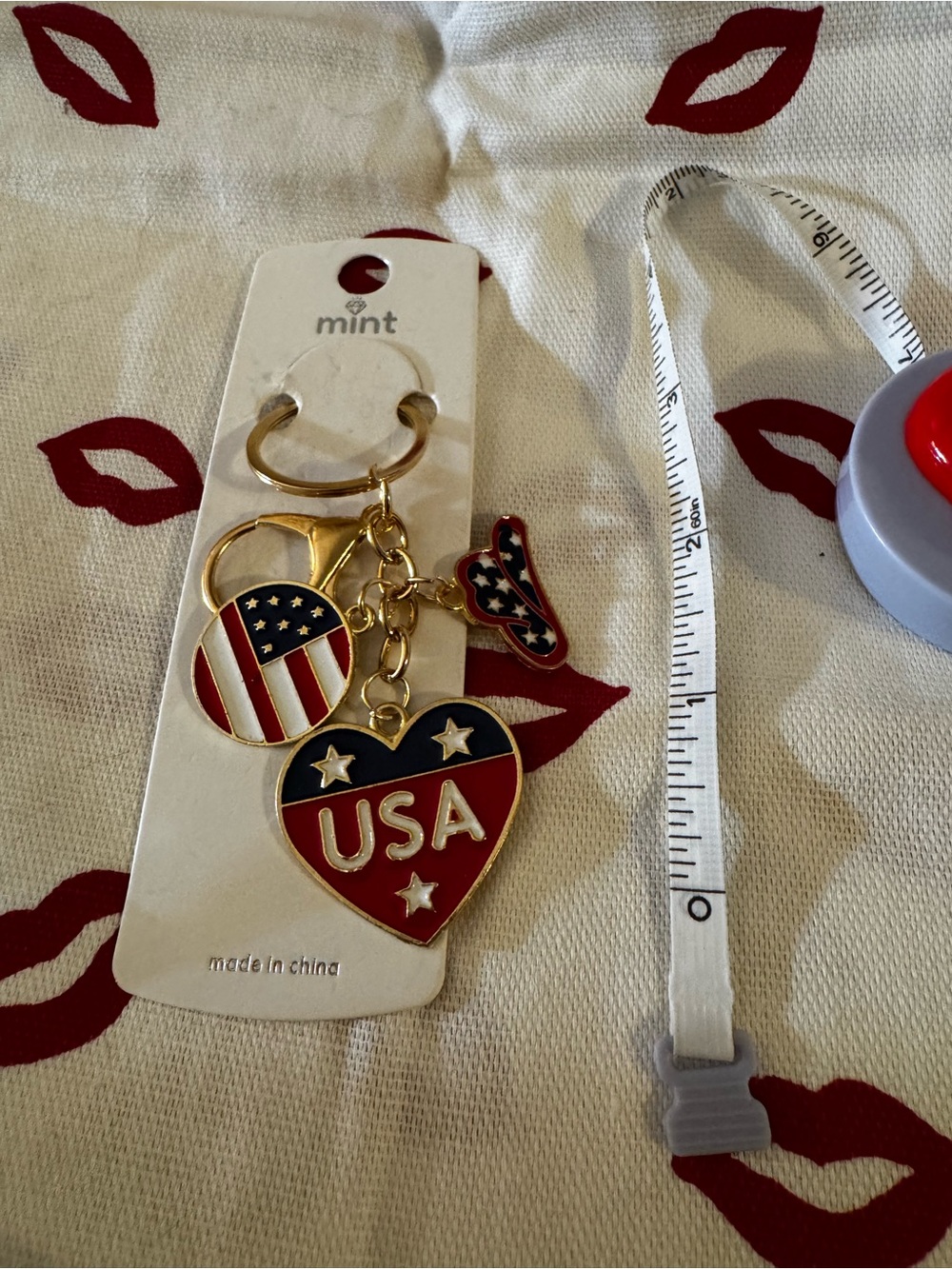 Mint Red, white & Blue Gold USA Heart Keychain/ bag charm. Patriotic 4th of July
